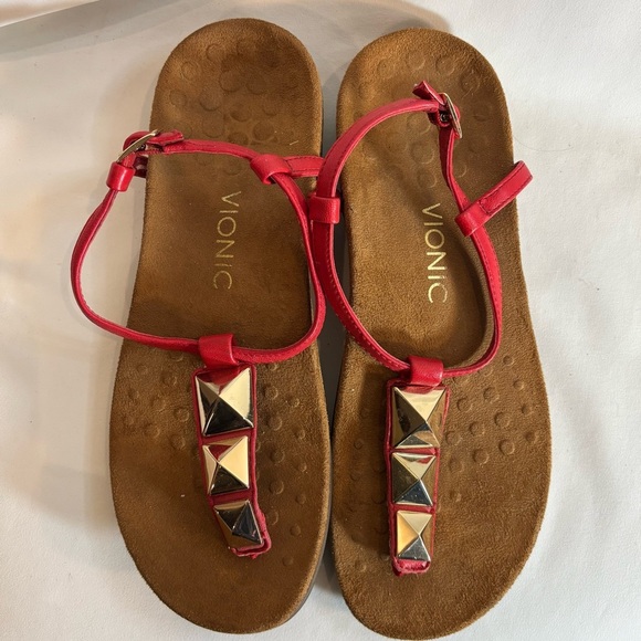 Vionic Sz 9 Studded Front Post Leather Sandals Buckle Closure Comfort Footbed - Picture 2 of 10